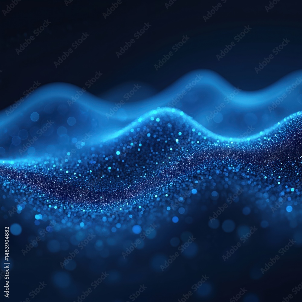 Poster abstract digital blue waveform in dark. glowing futuristic tech background. sparkling particle waves
