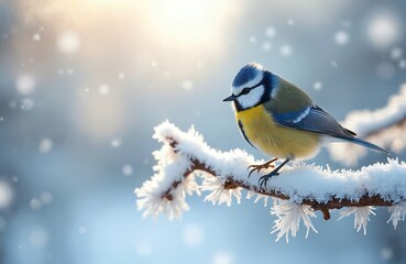 Naklejka premium Blue tit bird perched on snowy branch. Winter wonderland landscape with falling snow. Colorful European bird in winter, portrait in frosty conditions. Nature beauty concept perfect for Christmas
