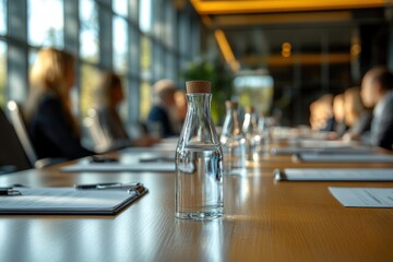 High quality Board Meeting With Blurred Participants Discussing Corporate Strategies in a Modern Office Space