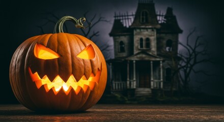 Obraz premium Haunted House Halloween Pumpkin - A menacing jack-o'-lantern glows ominously before a spooky haunted house, symbolizing autumn, Halloween, fear, harvest, and the supernatural