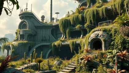 Lush futuristic architecture: overgrown, sustainable building with botanical elements