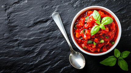 Bowl of chunky tomato sauce garnished with basil leaves alongside a silver spoon on a black slate surface