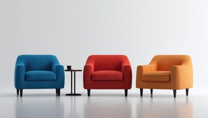 Fototapeta premium Three Modern Armchairs in Blue, Red, and Orange