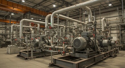 Industrial Pumping System in Facility - A large industrial pumping system with extensive piping and machinery in a spacious facility
