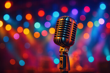 Microphone on stage, colorful lights.