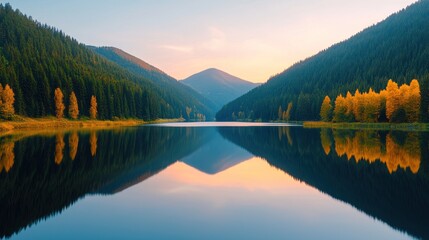 Fototapeta premium Serene Mountain Lake Sunset Reflection Landscape Photo