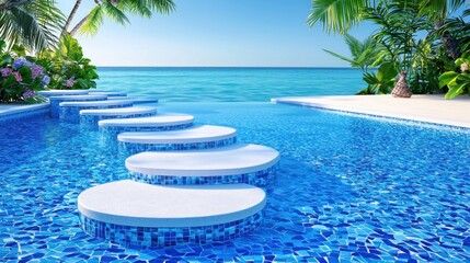 Obraz premium Tropical Pool Steps Ocean View Luxury Resort Design