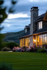 Imagine a cozy evening spent at a charming countryside residence, where vibrant garden flowers bloom, framed by majestic mountains beneath a beautiful twilight sky