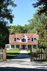Elegant country house surrounded by greenery, featuring bright sunlight and a clear blue sky with a picturesque driveway leading to the entrance