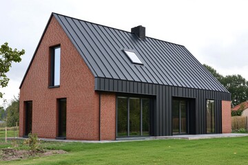 Obraz premium This contemporary brick home features a striking black metal roof and is beautifully nestled amidst lush greenery in a tranquil neighborhood