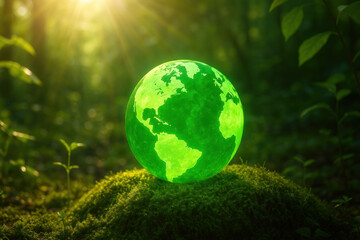 Glowing green earth globe in forest.