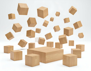 Fototapeta premium Wooden cubes levitate and fall around a central platform