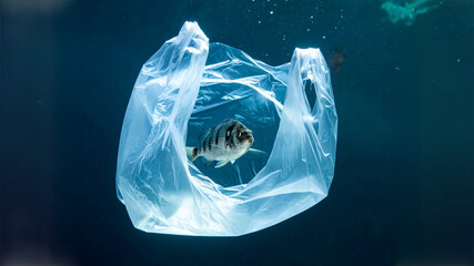 Single fish swimming inside an inflated plastic bag floating mid-water, lit dramatically against a dark aquatic background. The bag resembles a protective bubble but also a trap, symbolizing the illus