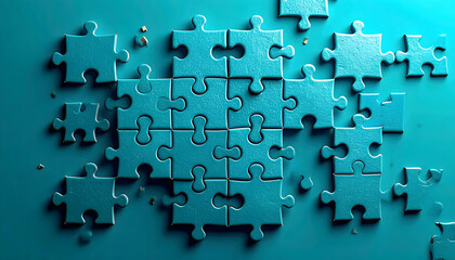Turquoise jigsaw puzzle forming a core, with surrounding loose pieces