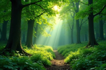 Lush green forest scene, dappled sunlight filtering through leaves , landscape, vista, asset