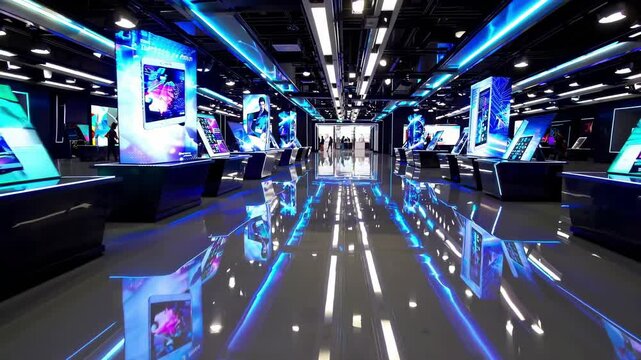 Luminous neon lighting highlighting sleek interior, glossy floor mirroring cutting edge digital screens displaying vivid graphics. Sale of TVs and Monitors