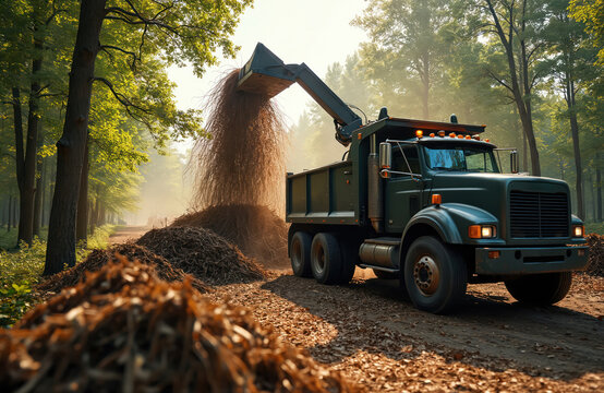 Tree chipper truck dumps load of branches in wooded area. Piles of mulch under sunlight. Forestry, landscaping, waste management, construction machinery processes wood for mulch, environmental
