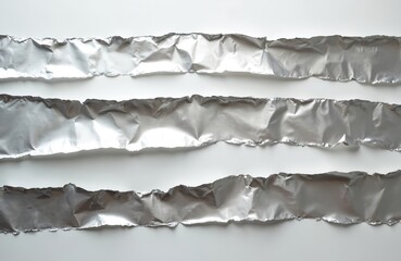 Ripped strips of aluminum foil arranged on white background. Metallic silver texture reflects light. Torn edges create abstract pattern. Scrap metal concept ideal for industrial, food, recycling