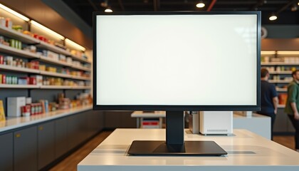 Blank monitor on modern desk in retail environment with shelves  