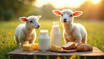 Obraz premium Illustration depicts sheep dairy products on farm table. Fresh milk, cheese, bread and two young lambs at sunny meadow. Rustic food and drink. Organic farming, eco-friendly, healthy eating concept.