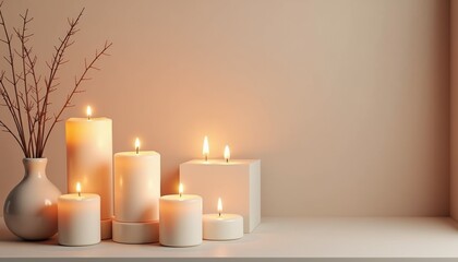 Cozy arrangement of lit candles and decorative vase on shelf  
