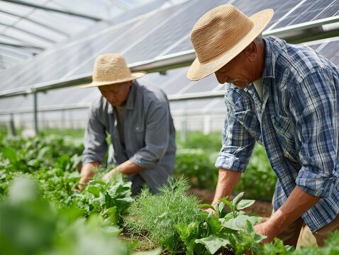 Farmers cultivating crops under solar panels in agrivoltaic greenhouse