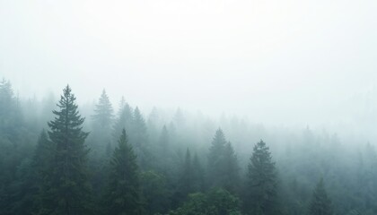 Fototapeta premium Misty forest covered with dense fog. Silhouettes of evergreen trees against white background. Atmospheric scenic landscape view. Moody, mysterious nature setting.