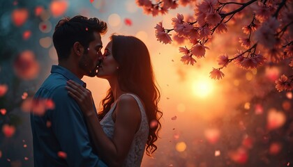 Romantic scene of couple kissing under cherry blossom tree with hearts. Sunset light creates magical atmosphere. True love concept for dating apps, wedding invitations, Valentine Day, anniversary,