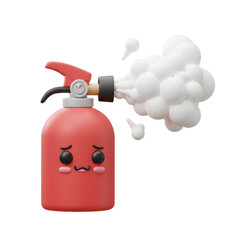A red fire extinguisher with a sad face is emitting a white cloud of extinguishing agent, likely for putting out fires or practicing safety procedures.