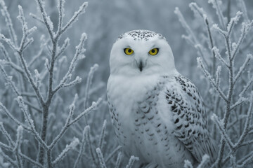 Snowy owl perched on snow-covered branch.
