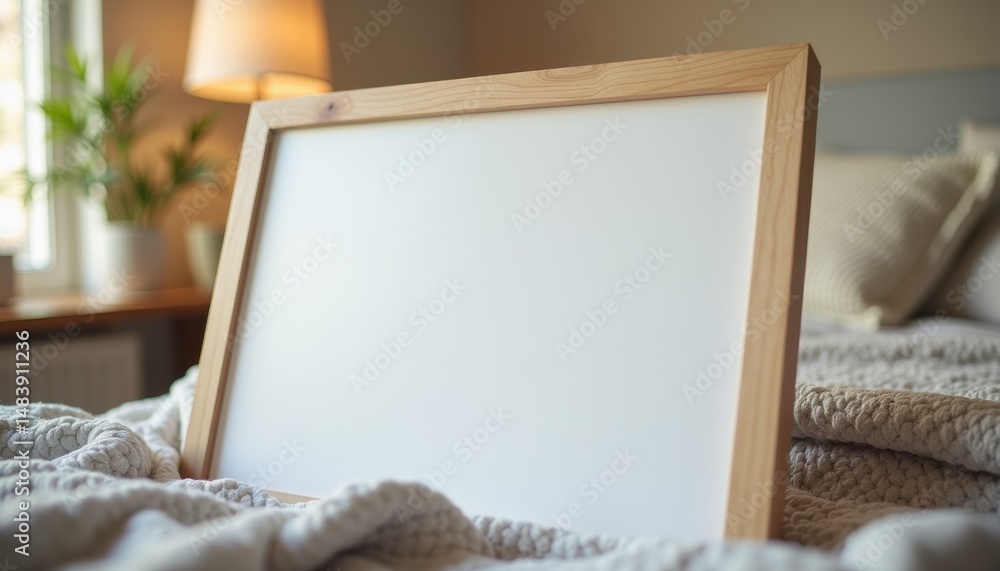Poster wooden frame with empty canvas placed on bed in cozy interior