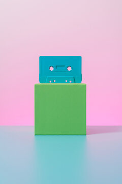 Music cassette tape template concept pink blue green with copy space