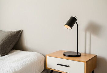 A nightstand with a lamp on top of it next to a bed.