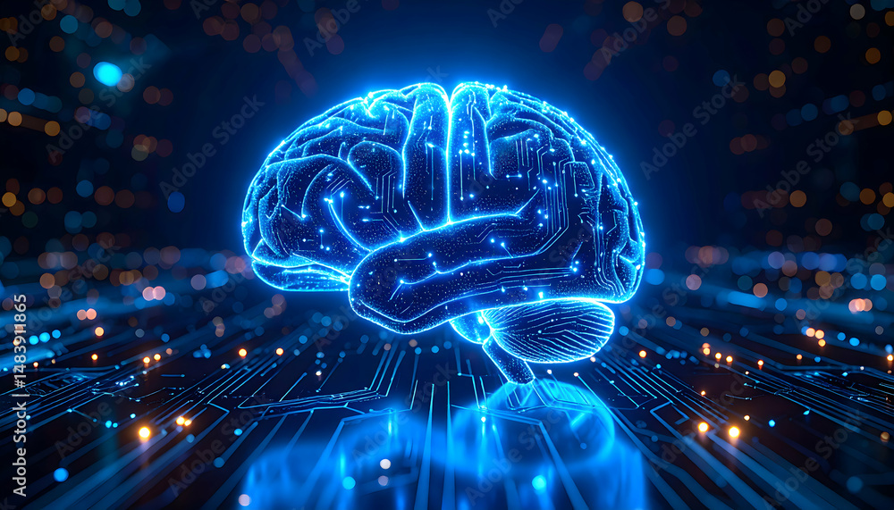 Poster artificial intelligence concept: digital brain with glowing circuit connections