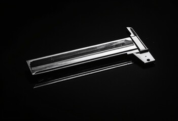 A metal object on a black surface.