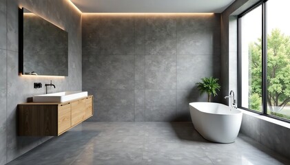 Sleek, modern bathroom with large format grey tiles , architecture, minimalist