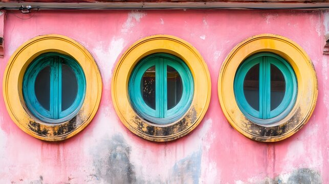Vibrant Teal Windows in Yellow Circular Frames on Pink Wall