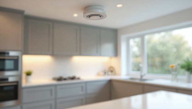 Smoke alarm installed ceiling kitchen. Modern interior design with cabinets, window, oven, stove. Home security, fire safety, property protection. Apartment living, home design, modern indoor