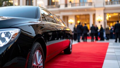 Matte Black Limousine in Front of Grand Hotel
