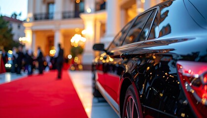 Matte Black Limousine in Front of Grand Hotel