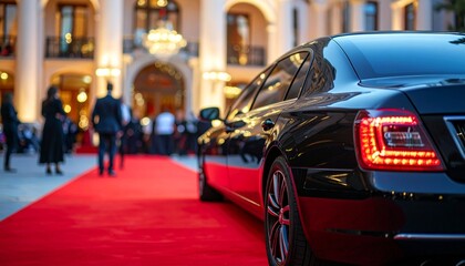 Matte Black Limousine in Front of Grand Hotel