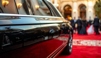 Matte Black Limousine in Front of Grand Hotel