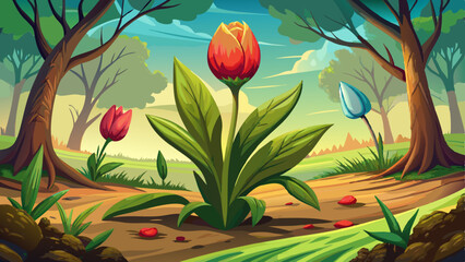 Obraz premium Awakening of Nature after winter. Leaves Tulip (Latin: Tulipa) make their way through the ground under the tree in early spring. Closeup.