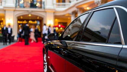 Matte Black Limousine in Front of Grand Hotel