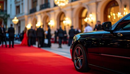 Matte Black Limousine in Front of Grand Hotel