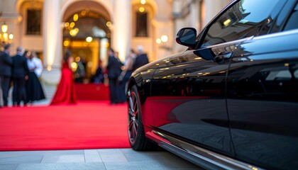 Matte Black Limousine in Front of Grand Hotel