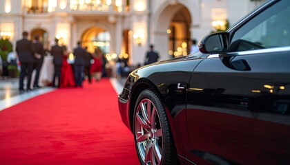 Matte Black Limousine in Front of Grand Hotel