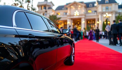 Matte Black Limousine in Front of Grand Hotel