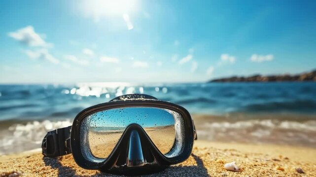 The diving mask sits in the sand. Against the background of the sea. Vacation, swim underwater.
