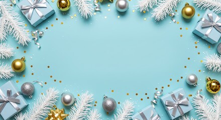 holiday ornaments, Christmas tree branches, winter decor, snowflakes, golden baubles, gift boxes, blue background, minimalist design, flat lay composition, cozy seasonal atmosphere
